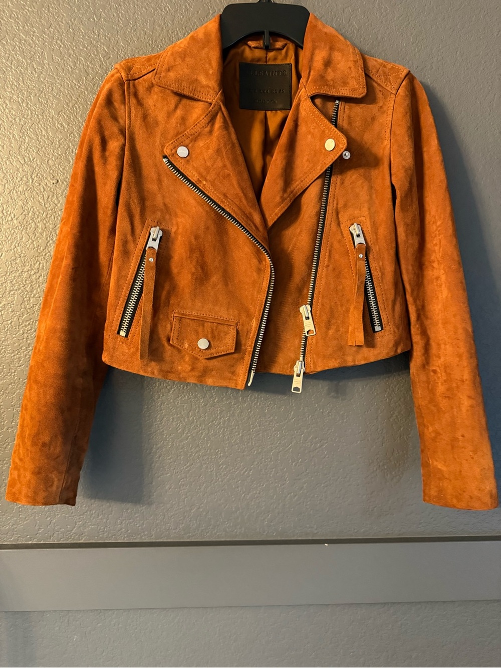 ALL SAINTS • Elora biker jacket goat suede leather brown size 4 cropped
